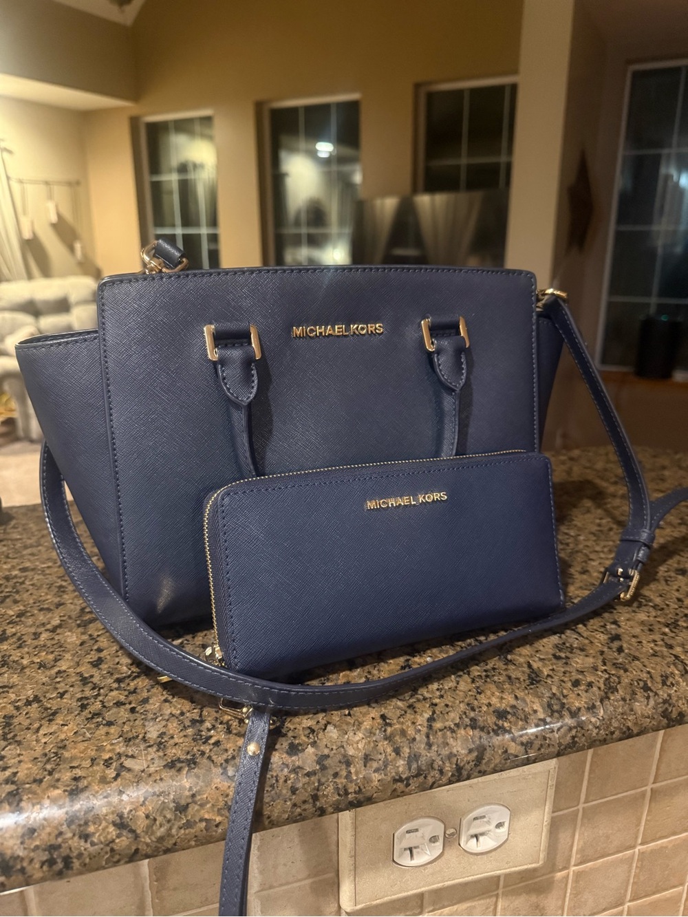 MICHAEL KORS Navy Saffiano Satchel with Matching Zip Wallet